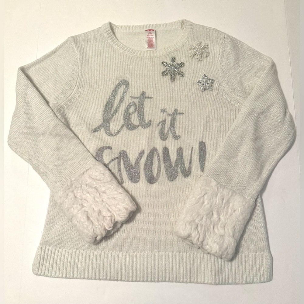 Holiday Time "Let It Snow" Shimmer Cream Metallic Sweater size 8/10 Snowflake